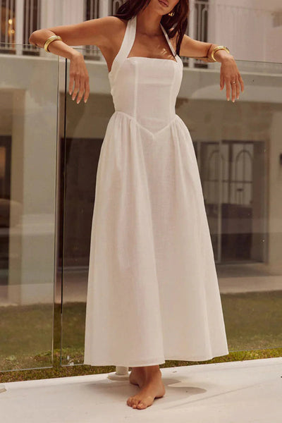 Yolaina® | Sexy plain sleeveless dresses with pocket pleats and halterneck