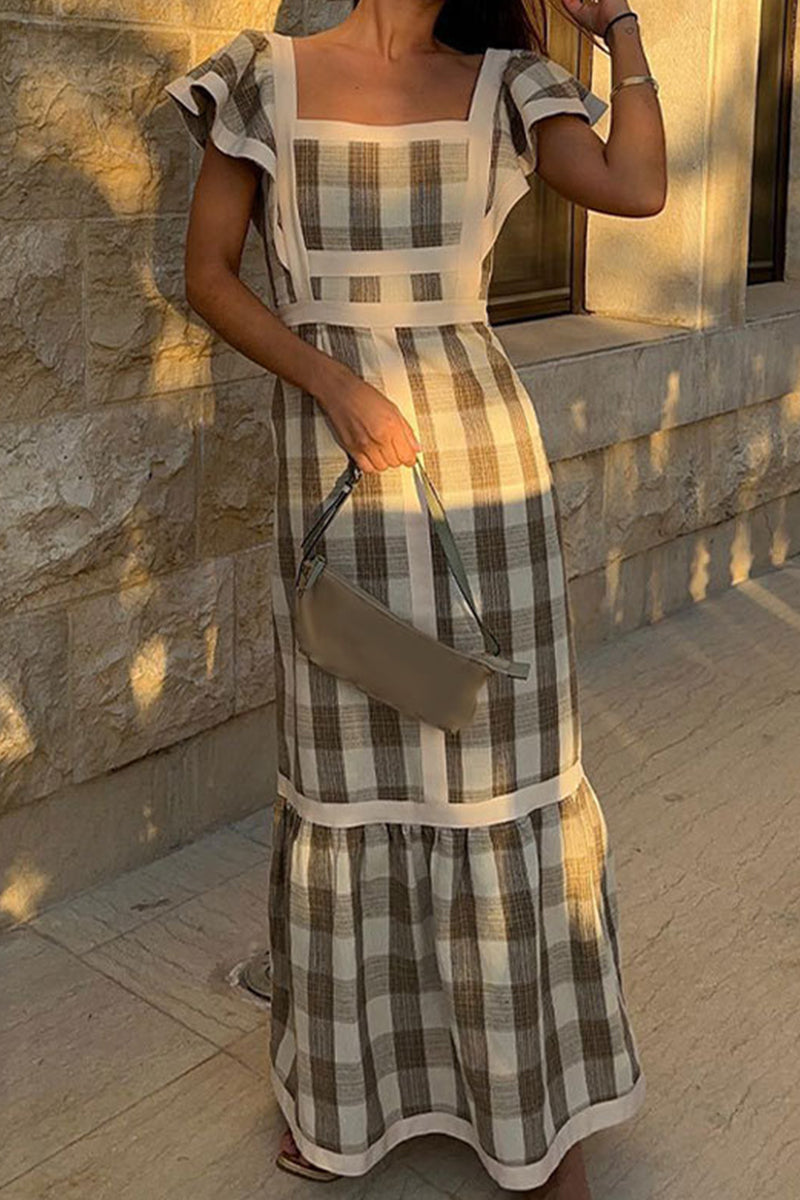 Keira® | Casual elegant plaid patchwork flounce square collar A-line dresses