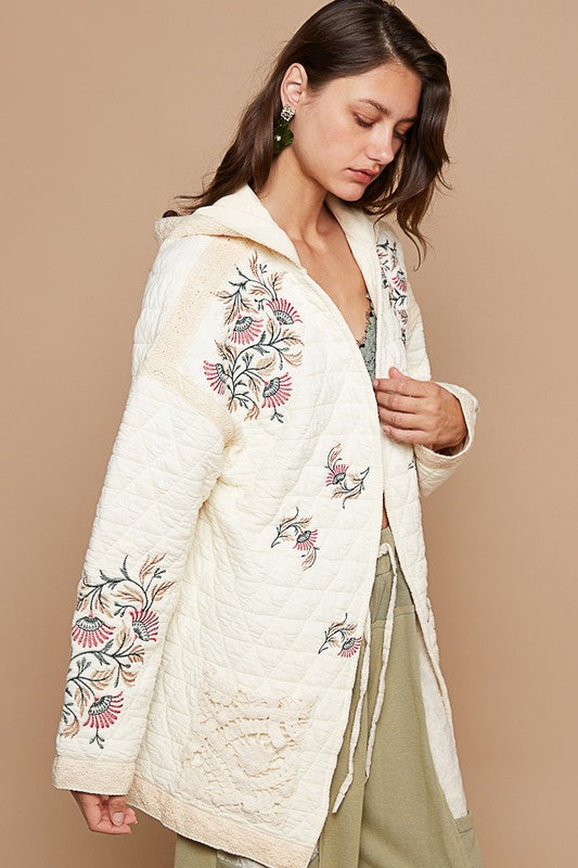 Madeleine® | Embroidered quilted jacket with open front and crochet pockets