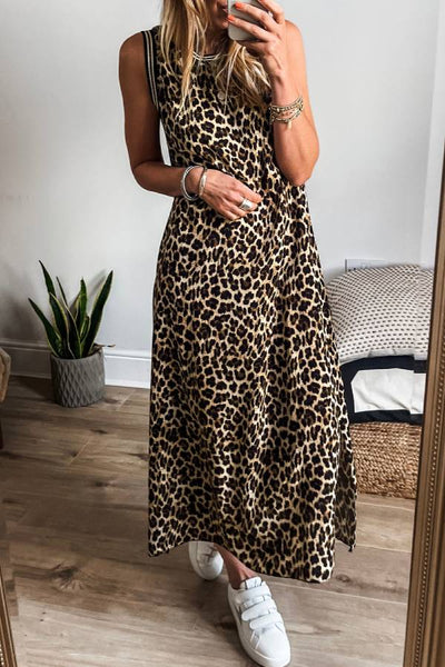 Madison® | Black sleeveless midi dress with contrast stripe trim and leopard print
