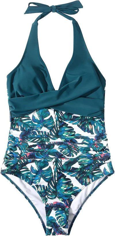 Lyra® | Two-tone V-neck halterneck swimsuit with print