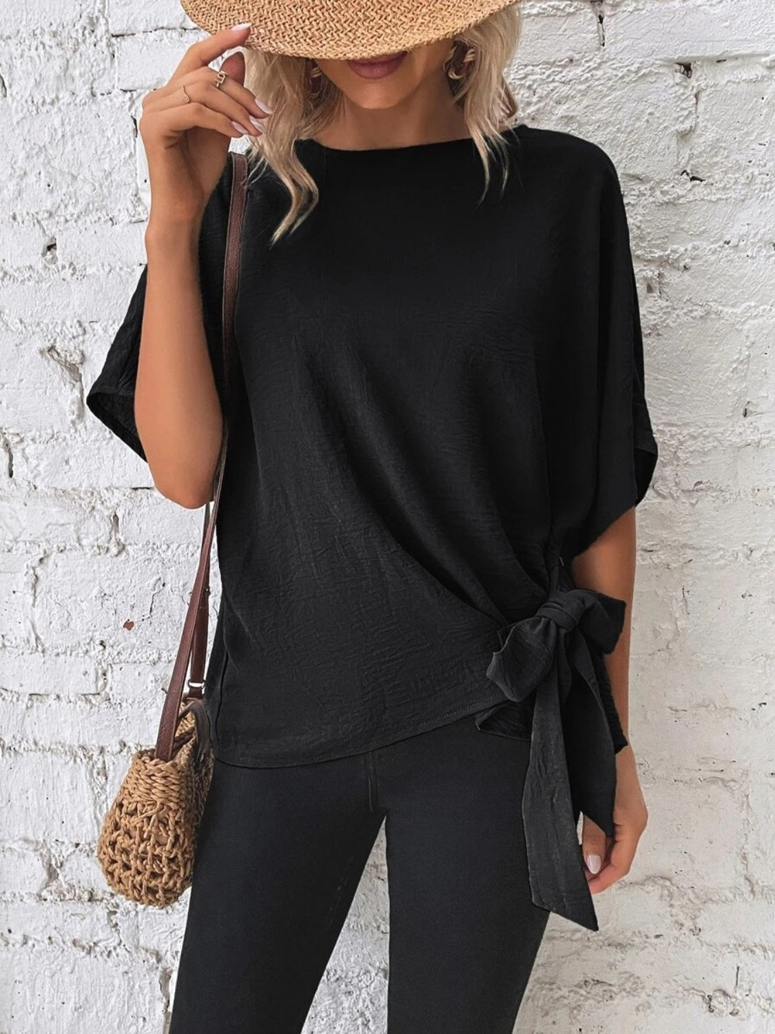 Alejandra® | Knotted, mid-length blouse with a round neckline