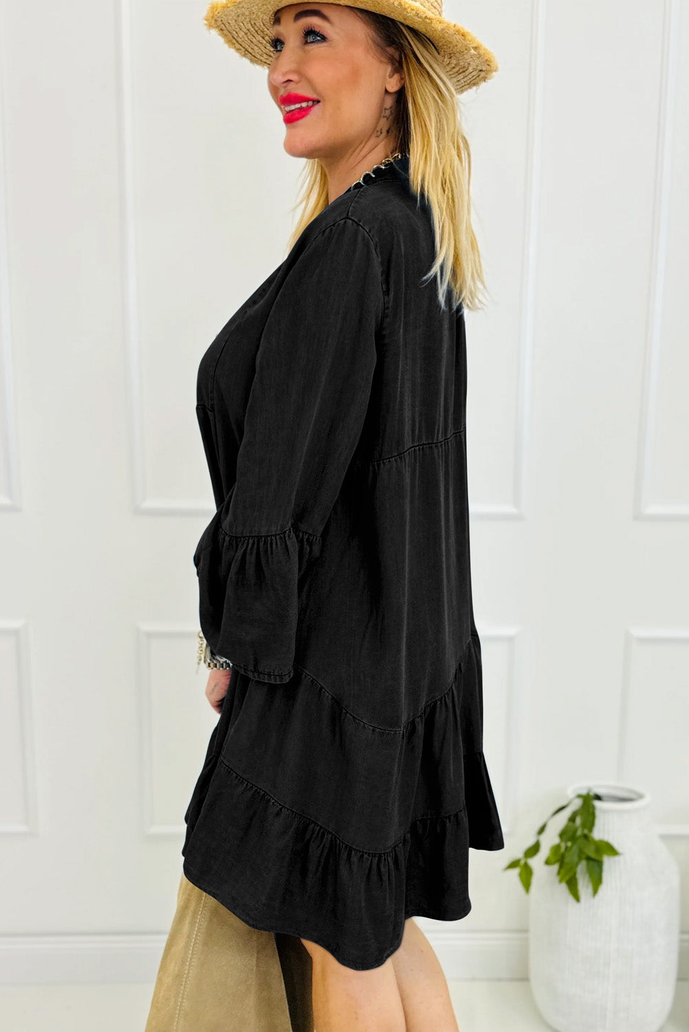 Sol® | Denim dress with notched three-quarter sleeves