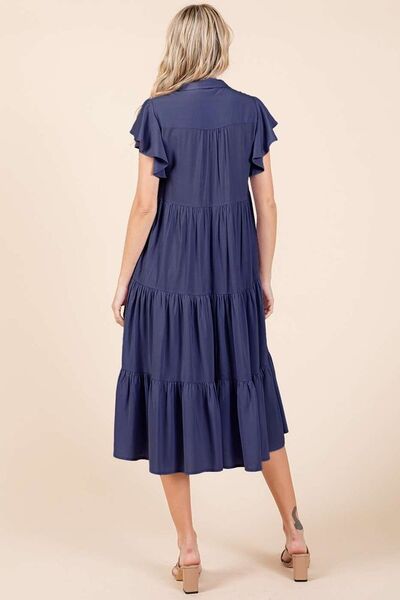Macarena® | Tiered midi dress with ruffle sleeves, collar and V-neck