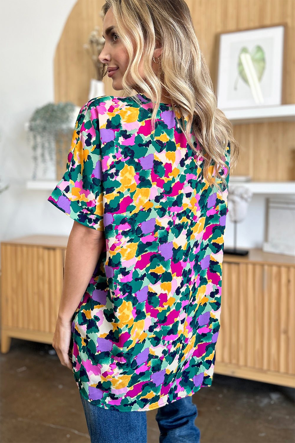 Macarena® | Double Take Printed V-neck short sleeve top with full size side slits