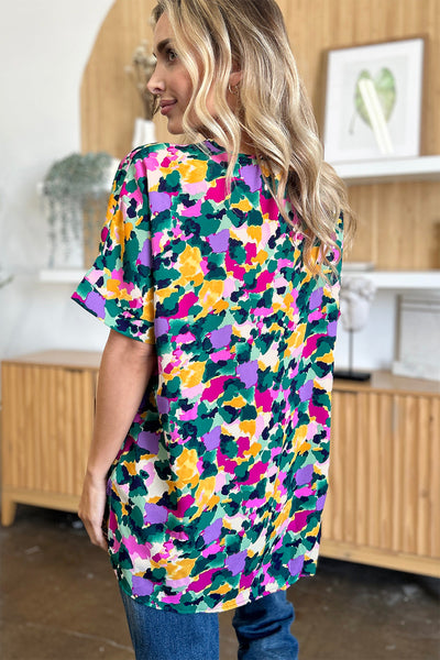 Macarena® | Double Take Printed V-neck short sleeve top with full size side slits