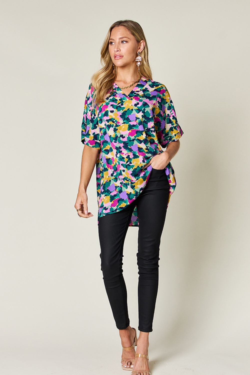 Macarena® | Double Take Printed V-neck short sleeve top with full size side slits