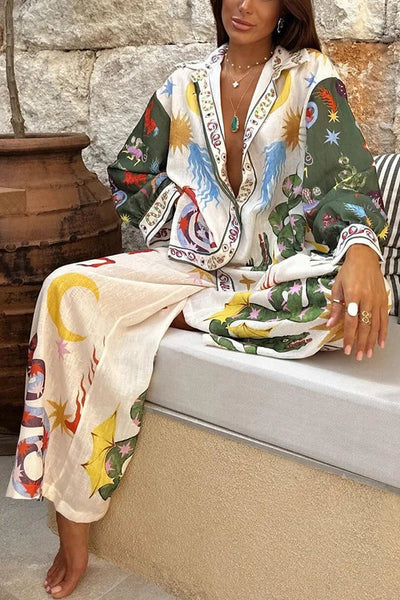 Antonella® | Bohemian Beauty long sleeve loose shirt and elastic waist pants set with unique print