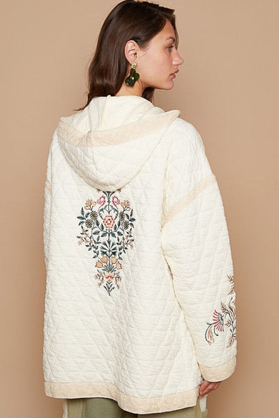 Madeleine® | Embroidered quilted jacket with open front and crochet pockets