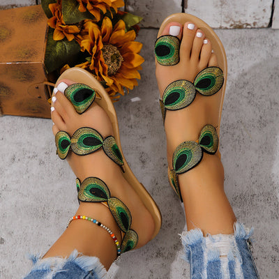 Reina® | Fashion Peacock Embroidery Pattern Flat Sandals