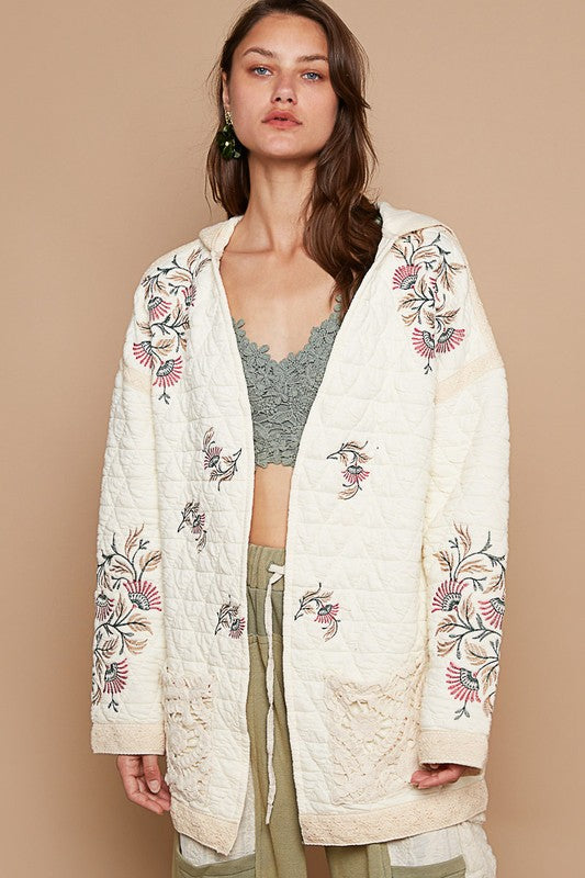 Madeleine® | Embroidered quilted jacket with open front and crochet pockets