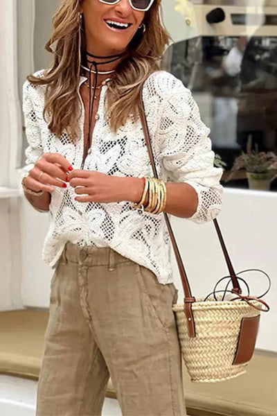 Nancy® | Fashion knitted hollow crochet lace long sleeve shirt top