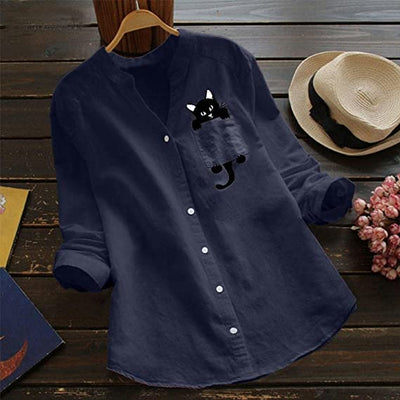 Anaid® | Long-Sleeved Cotton Blouse With V-Neck And Cat Print