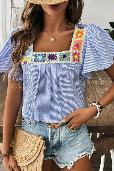 Alba® | Sky blue striped boho blouse with crochet appliqué