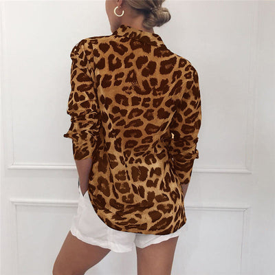 Angharad® | Classy Long Sleeve Leopard Print Blouse Turn Down Collar