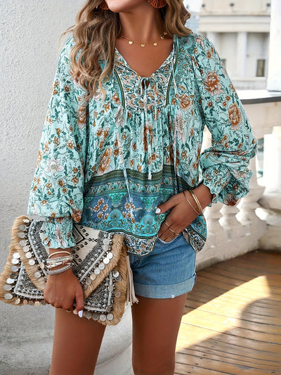 Brenessa® | Floral Blouse With V-Neck And Drawstring