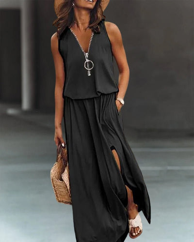 Adalgisa® | Elegant Cotton Mix Zip Dress With Slit