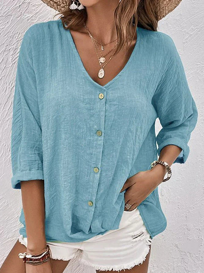 Luz® | Blue linen V-neck shirt