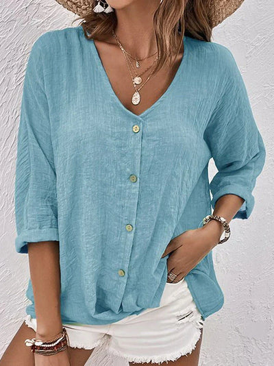 Luz® | Blue linen V-neck shirt