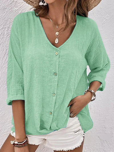 Luz® | Blue linen V-neck shirt
