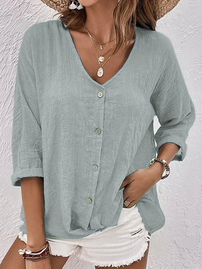 Luz® | Blue linen V-neck shirt